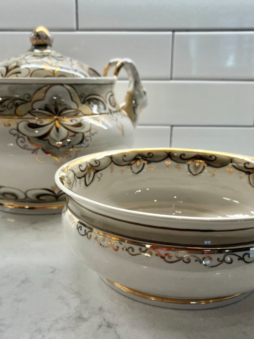 Fenix Kislovodsk Handmade Russian Porcelain Soup Tureen with Lid and Bowl